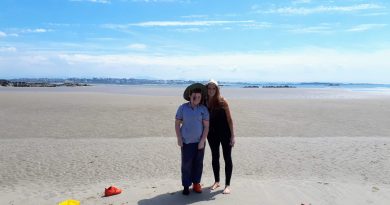 The picture shows two people enjoying the sun on Cymyran beach for free
